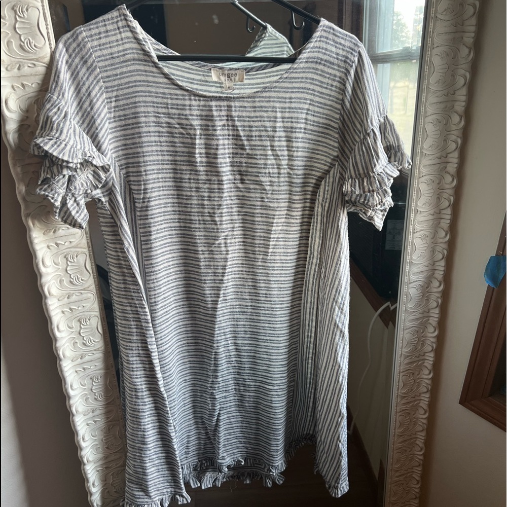 Striped Blue and White Boutique Dress with Ruffled Sleeve